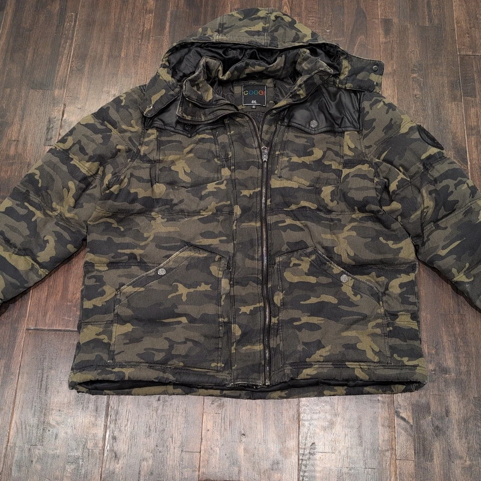 Coogi Camouflage Puffer Hooded Jacket Mens 4XL Green Camo Faux Leather Hooded - Image 1 of 4