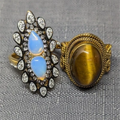 Juego de 2 anillos llamativos tono dorado ojo de tigre opalita blanco cristal enchapado negro Foto 1 de 4