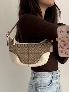 Vintage Coach Monogram Beige Canvas Shoulder bag White Leather - Picture 1 of 14