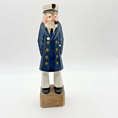 Vintage Hand Carved Wooden Sea Captain Sailor Nautical Figure 8" Blue Coat Pipe - Image 1 of 4
