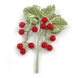 Red Currant Beaded Floral Brooch in Green Enamel - 70mm Tall - Picture 1 of 5