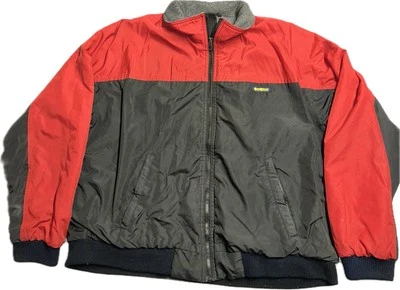Vintage OshKosh B'Gosh Men’s XL Fleece Lined Bomber Jacket Red Black Color Block - Image 1 of 4