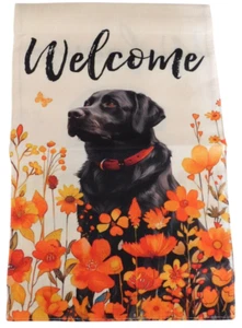 Welcome Black Lab Dog Orange Fall Floral 11 X 18" Double Sided Garden Yard Flag - Picture 1 of 4