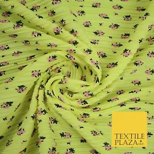 Lemon & Pink Mini Floral Print Pleated Plisse Satin Stretch Dress Fabric 6478 - Picture 1 of 3