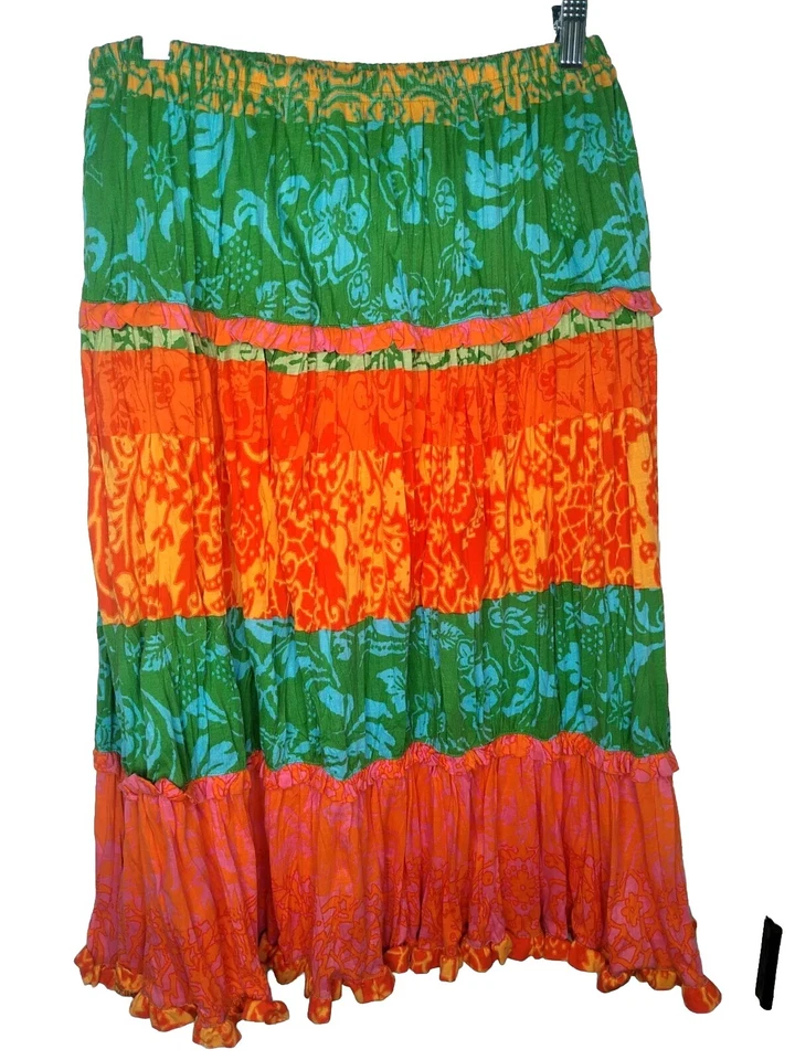 Sigrid Olsen Bright Hawaiian Boho Layered Skirt W/ Ruffles Reto Orange & Pink Lg - Image 1 of 4