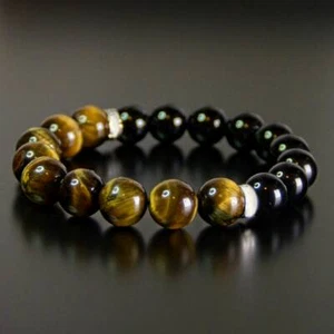 Tiger Eye &amp; Black Obsidian Double Protection Bead Bracelet for Men and Women - Picture 1 of 49