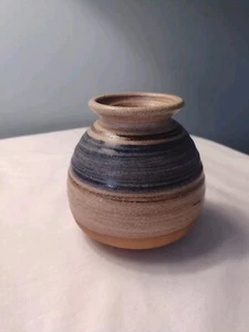 Vase Signed Studio Art Pottery Rustic Minimalist Signed Blues Browns 4.5" Tall - Picture 1 of 7