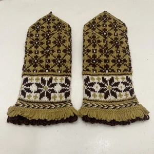 Scandinavian Latvian Wool Knit Mittens Hand Crafted Winter Olive Brown  - Picture 1 of 6