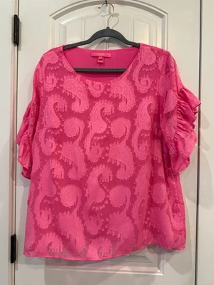 Top Lilly Pulitzer Darlah Talla L - Rosa Cacatúa Texturizado Paisley Volantes Manga Foto 1 de 4
