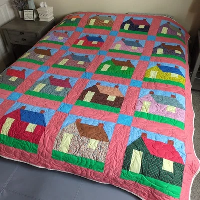 Ручной работы дом лоскутное одеяло 67 x 82 лоскутное одеяло коттеджкор блоки розовый декор - Изображение 1 из 4