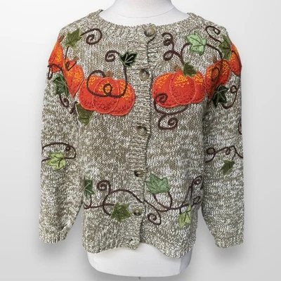 Design Options Philip Jane Gordon Med Cardigan Sweater Fall Pumpkins Leaves - Image 1 of 4