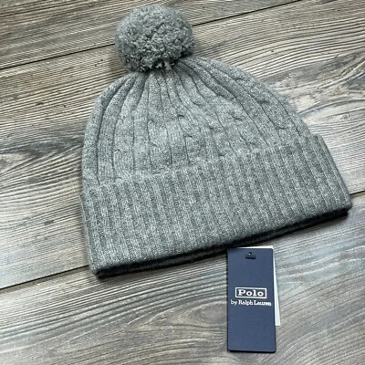 Gorro Polo Ralph Lauren Feminino Malha de Cabo Cashmere Pom Algemado Cinza Novo com etiquetas $198 - Imagem 1 de 4