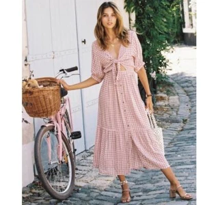 Faithfull the Brand Maple Check Midi Dress With Tie Front V Neck Size 2 US  - Picture 1 of 16