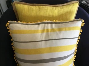 PAIR OF 2 DOWN FEATHER PILLOW DECORATIVE LEMON YELLOW Gray Stripe - Picture 1 of 5