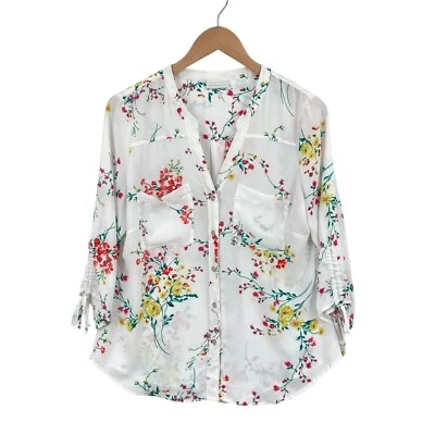 New York & Company Shirt Top Womens M White Floral Sheer 3/4 Sleeve Button Front - Image 1 of 4