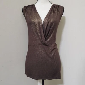 JOSEPHINE CHAUS Sleeveless 1X Stretchy Metallic Slinky Faux Wrap Glam Top Brown - Picture 1 of 9