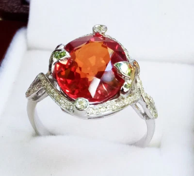 Luxurious 100% .925 Silver  WG Plated  Padparadscha  Lab Created  Ring sz.6.5 - Image 1 of 4