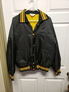 Vtg Neff Men Satin Lettermen Jacket Size L Black Yellow Rib Collar Waist Cuff - Picture 1 of 10