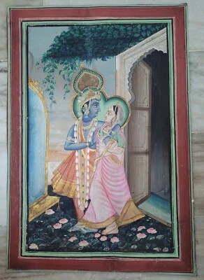 Antique Old Collectible Hand Painted Miniature Paper Painting Lord Krishna Radha - Image 1 of 4