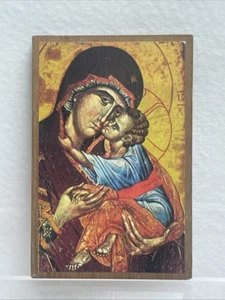 Vtg Virgin Mary Infant Jesus Wood Handmade 4.5 x 3 Inches Wall Plaque - Picture 1 of 5