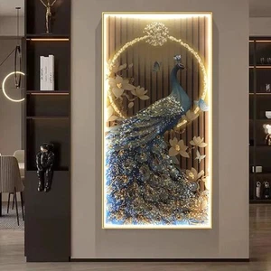 LED Peacock Crystal Porcelain / Tempered Glass / Acrylic  Picture Frame Wall Art - Picture 1 of 9