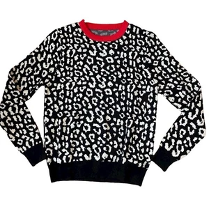 Soliaten Leopard Print Knit Sweater Women XS Black White Red Long Sleeve NWT - Picture 1 of 3