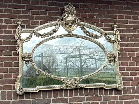French Louis XVI-Style Wall Mirror in Antique Silver Finish Cover