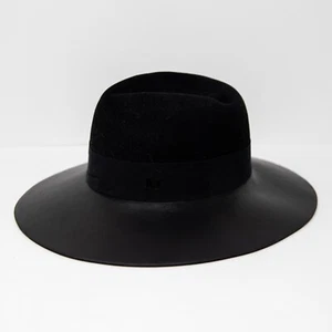 Maison Michel Wool Leather Brim Structured Logo Embossed Hat Cream Black S - Picture 1 of 5