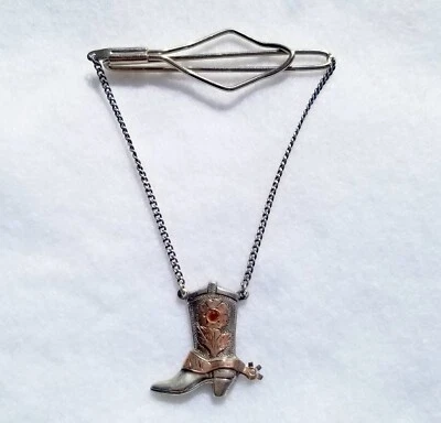 Vintage Sterling 10K Southwestern Tie Clip Bar Floral Red Stone Stud Cowboy Boot - Image 1 of 4