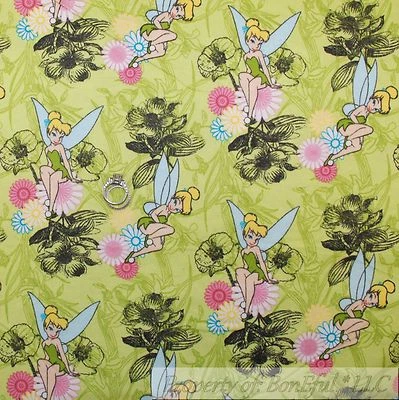 BonEful Fabric FQ Flannel Cotton Disney Tinkerbell Peter Pan Forest Flower Fairy - Image 1 of 4
