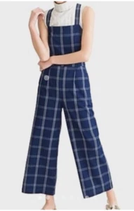 J. Crew Wide Leg Windowpane Jumpsuit Gr. 8 blau weiß 100% Baumwolle blau weiß D53 - Bild 1 von 7