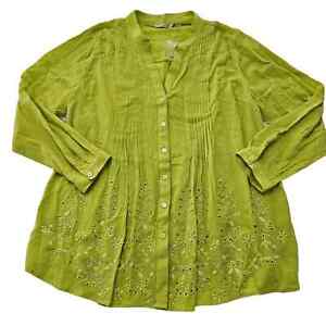 NWOT Soft Surroundings Chartreuse Long Sleeve Button Up Floral Tunic. Size 2X