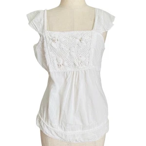 Vintage y2K Babydoll Cottagecore Lace Top Sequin Embroidered White Cotton L - Picture 1 of 12