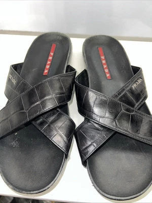 AUTÉNTICAS Sandalias PRADA Para Hombre Zapatillas Zapatos 8UK Cuero Negro Foto 1 de 3