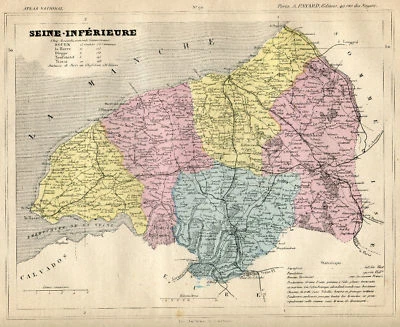 Genuino Original Antiguo 1877 Francés Coloreado a Mano Mapa SEINE-INFERIURE F... - Imagen 1 de 2