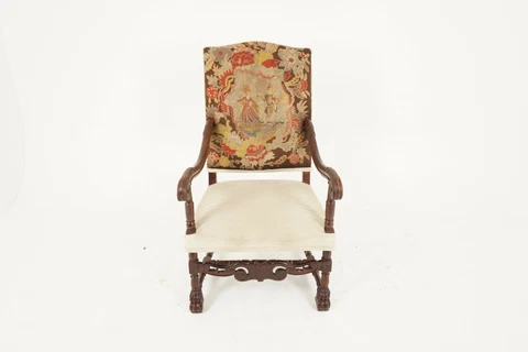 Antique Victorian Open Arm/Throne Chair, Carved Walnut, Scotland 1880, H150 Cover