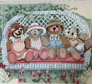 Completed Needlepoint Teddy Bears on Wicker Garden Swing 17,5x 14,5 - Picture 1 of 16