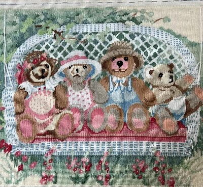 Completed Needlepoint Teddy Bears on Wicker Garden Swing 17,5x 14,5 - Image 1 of 4