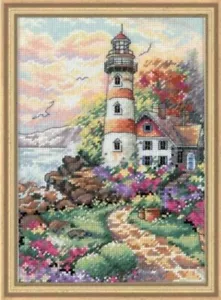 Diy Needlepoint Cross Stitch "Lighthouse At Dawn". Embroidery Kit Unprinted - Picture 1 of 1