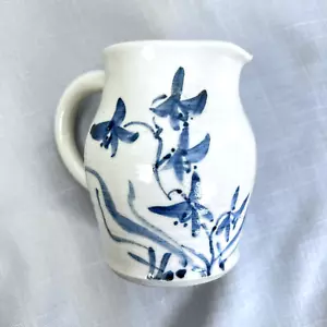 Pottery Pitcher Signed Hughes Blue Floral 5" Handmade Art Gift Cottage Home - Picture 1 of 9