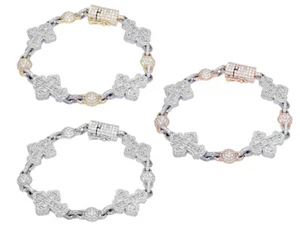 Baguette Cross 8 9/10 CT Real Diamond Beads Link Bracelet Gold 17MM 8" - Picture 1 of 9