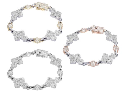 Baguette Cross 8 9/10 CT Real Diamond Beads Link Bracelet Gold 17MM 8" - Image 1 of 4