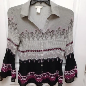 WOMEN'S  HEIRLOOM LIMITED GRAY MULTICOLORED LONG-SLEEVE BUTTON DOWN BLOUSE LARGE - Picture 1 of 12