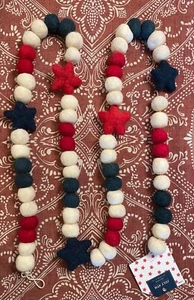 4th July Patriotic 6'  Red White Blue Felt Ball Pom Pom Stars Garland 72" NEW - Picture 1 of 2
