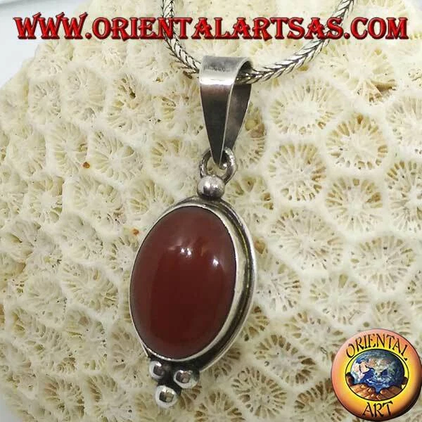 Ciondolo In Argento 925‰ con corniola ovale grande, e bordo liscio e tre pallini - Immagine 1 di 1