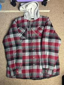 Wrangler Mens L Hooded Shirt Jacket Plaid Quilted Lined Flannel Barn Coat Chore - Picture 1 of 6