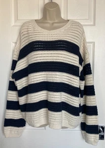 NEU M&S Damen Pullover marine gestreift Baumwolle reich strukturiert Rundhals Gr. XL - Bild 1 von 3
