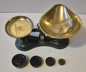 Salter No. 56 Vintage Waagen Gusseisen 4 x Gewichte 1lb 8oz 4oz 2oz 10x4" grün - Bild 1 von 5