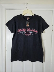 Harley Davidson T-shirt Women's Size Medium Black Neon Script Logo Motorcycle - Picture 1 of 6
