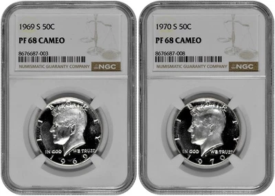 1969 S + 1970 S 50C Proof Kennedy Half Dollar NGC Graded PF 68 Cameo Coin Lot - Image 1 of 4